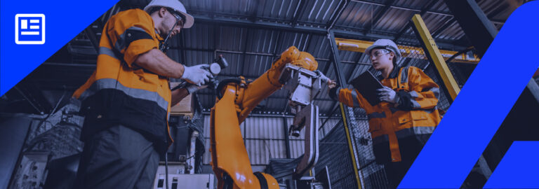 Banner_A equipe de engenheiros atende a soldagem robótica trabalhando na tecnologia da indústria de fabricação de fábricas de automação